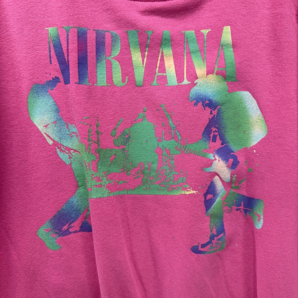 H&M Nirvana Sweatshirt Womens Size 12/14 Pink Crewneck Band Pullover Boxy - Picture 3 of 13